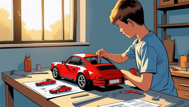 Jeune étudiant assis à son bureau construisant une petite maquette de voiture