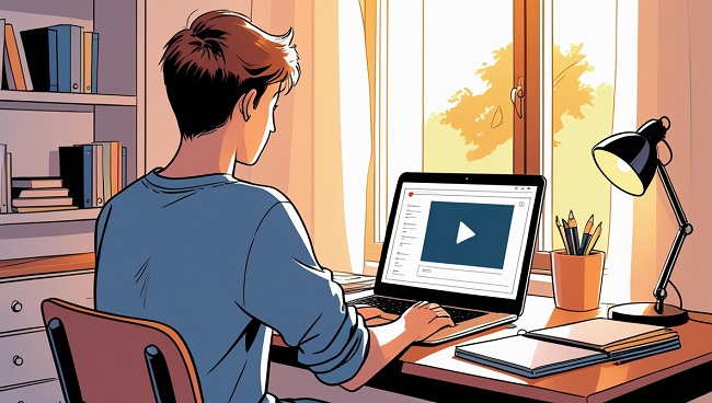 Jeune étudiant assis à son bureau regardant attentivement une vidéo éducative